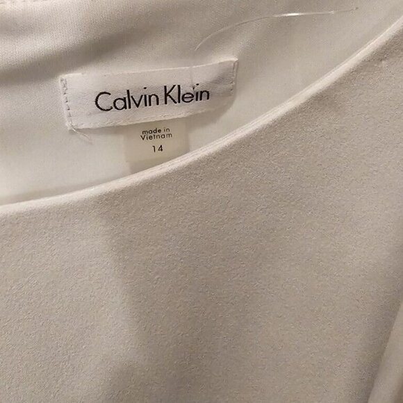 Calvin Klein Dress Size 14 Flutter Sleeve White Cotton Wedding Summer Gold Trim - Picture 3 of 4
